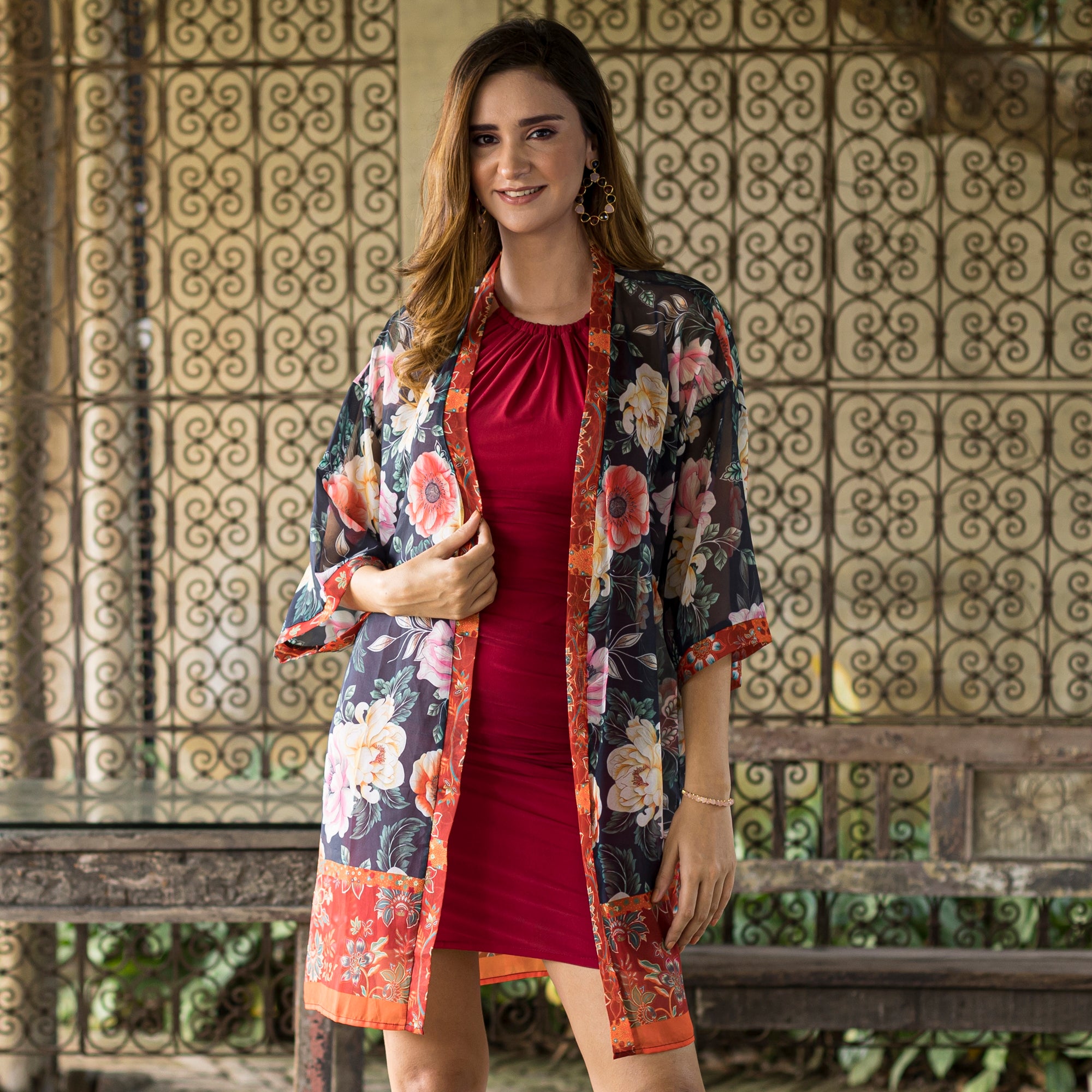 Buy Evening Floral Printed Chiffon Kimono 3342 Anuschka