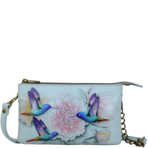 Anuschka style 637, handpainted Organizer Crossbody. Rainbow Birds Painted in Grey Color.Featuring RFID blocking and Removable strap.