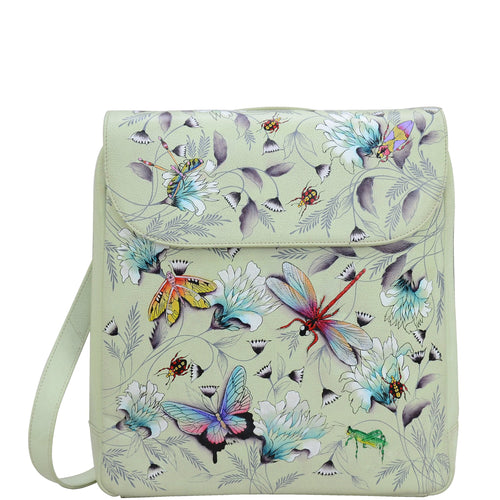 Anuschka style 661, handpainted Large Travel Backpack. Wondrous Wings Painted in Green/Mint Color. Featuring Inside one zippered wall pocket, one wall pocket and two multipurpose pockets with gusset with adjustable shoulder straps.
