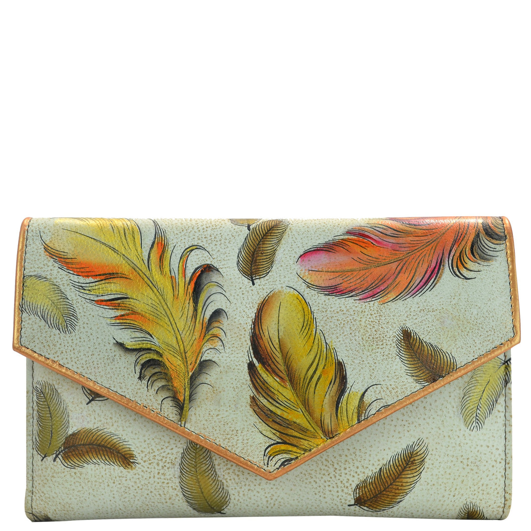 Anuschka Style 1006, handpainted Checkbook Wallet. Floating Feathers Ivory painting
