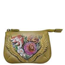 Load image into Gallery viewer, Anuschka style 1107, handpainted Medium Zip Pouch, Angel Wings painting in tan color. Featuring great for keeping keys, coins, rings and other little things handy.
