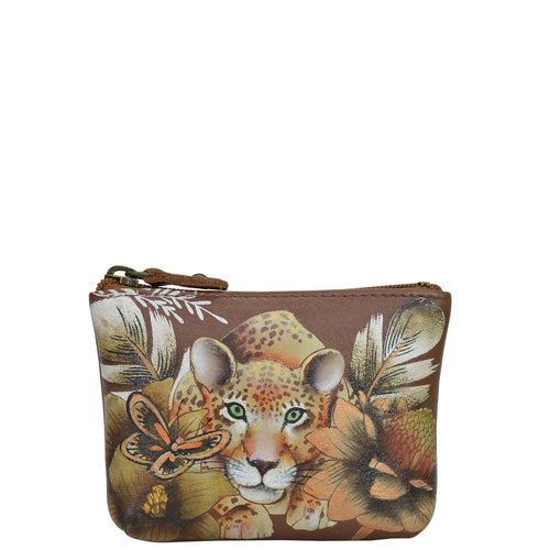 Anuschka style 1031, Coin Pouch. Cleopatra's Leopard painting in tan color. Top zip entry coin pouch.