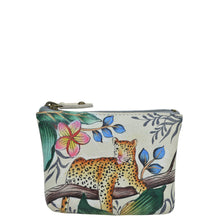 Load image into Gallery viewer, Anuschka style 1031, handpainted Coin Pouch. Jungle Queen painting in Ivory color. Top zip entry coin pouch.
