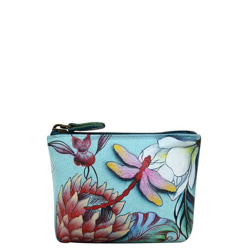Anuschka style 1031, Coin Pouch. Jardin Bleu painting in blue color. Top zip entry coin pouch.
