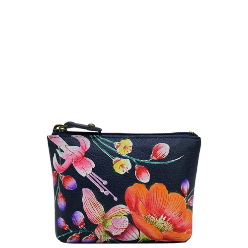 Anuschka style 1031, Coin Pouch. Moonlit Meadow painting in blue color. Top zip entry coin pouch.