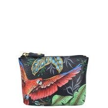 Load image into Gallery viewer, Anuschka style 1031, Coin Pouch. Rainforest Beauties painting in Black color. Top zip entry coin pouch.
