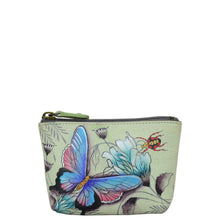 Load image into Gallery viewer, Anuschka style 1031, Coin Pouch. Wondrous Wings painting in green/mint color. Top zip entry coin pouch.
