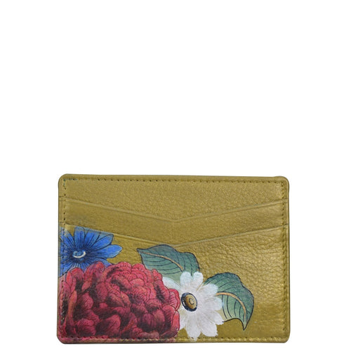 Anuschka style 1032, handpainted Credit Card Case. Dreamy Floral painting in Golden color. Four card slots.