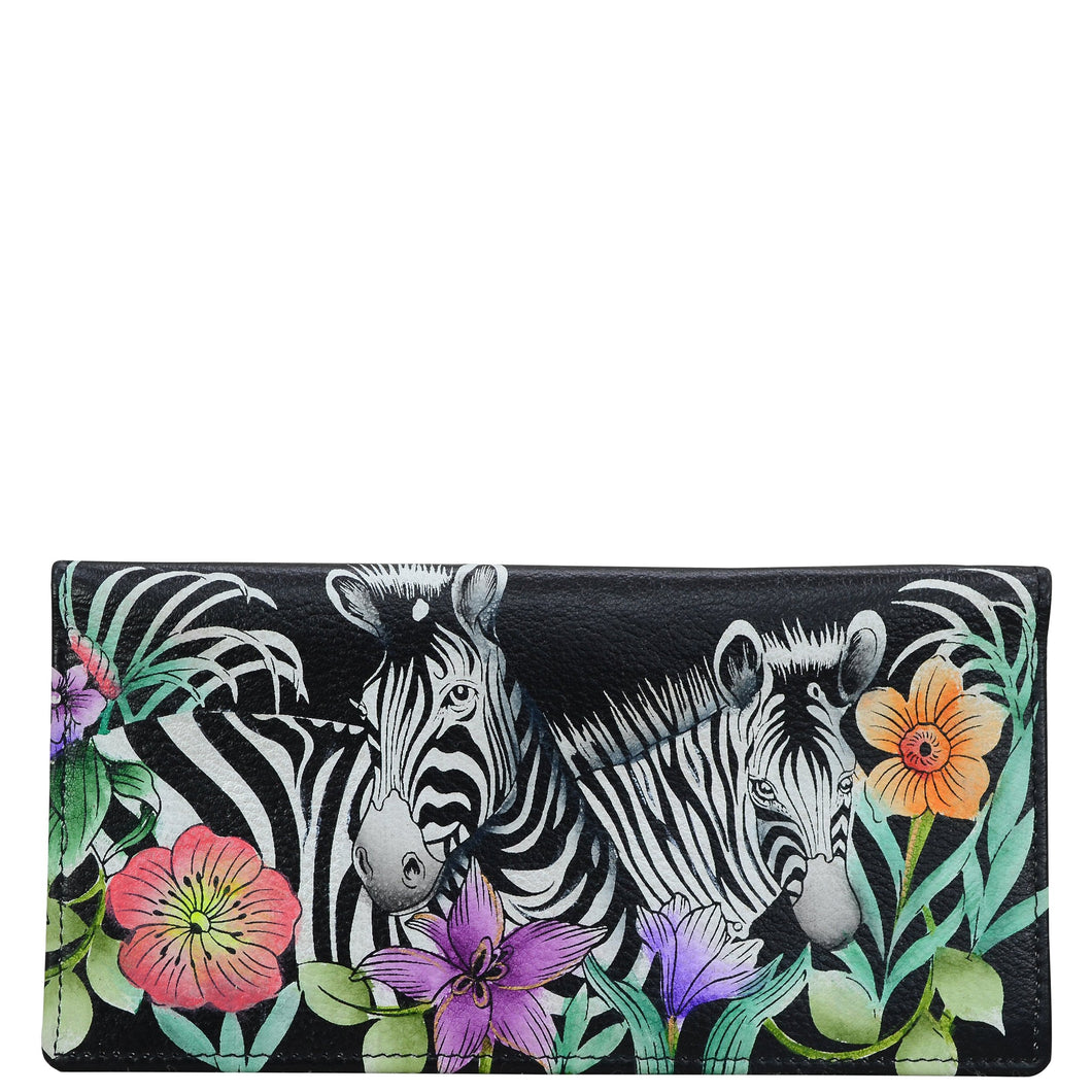 Anuschka style 1056, handpainted Checkbook Cover. Playful Zebras blue painting in black color. Featuring Check book holder with one ID Window.