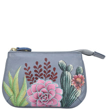 Load image into Gallery viewer, Anuschka style 1107, handpainted Medium Zip Pouch. Desert Garden painting in grey color. Featuring Great for keeping keys, coins, rings and other little things handy.
