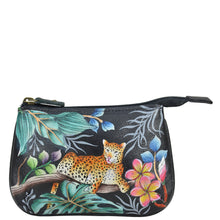 Load image into Gallery viewer, Anuschka style 1107, handpainted Medium Zip Pouch. Jungle Queen painting in black color. Featuring Great for keeping keys, coins, rings and other little things handy.
