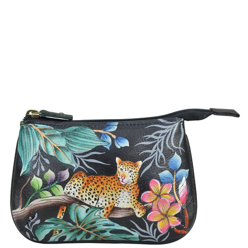 Anuschka style 1107, handpainted Medium Zip Pouch. Jungle Queen painting in black color. Featuring Great for keeping keys, coins, rings and other little things handy.