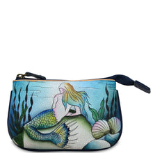 Load image into Gallery viewer, Anuschka style 1107, handpainted Medium Zip Pouch, Little Mermaid painting in blue color. Featuring great for keeping keys, coins, rings and other little things handy.
