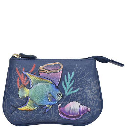 Anuschka style 1107, handpainted Medium Zip Pouch. Mystical Reef painting in Blue color. Featuring Great for keeping keys, coins, rings and other little things handy.