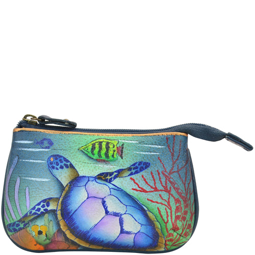Anuschka style 1107, handpainted Medium Zip Pouch. Ocean Treasures painting in blue color. Featuring Great for keeping keys, coins, rings and other little things handy.