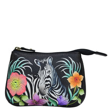 Load image into Gallery viewer, Anuschka style 1107, handpainted Medium Zip Pouch. Playful Zebras painting in black color. Featuring Great for keeping keys, coins, rings and other little things handy.
