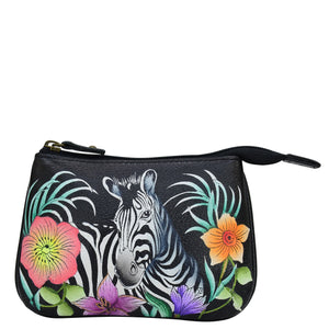 Anuschka style 1107, handpainted Medium Zip Pouch. Playful Zebras painting in black color. Featuring Great for keeping keys, coins, rings and other little things handy.