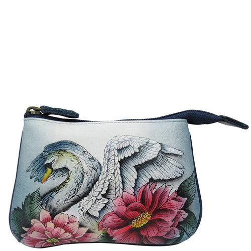 Anuschka style 1107, handpainted Medium Zip Pouch. Swan Song painting in grey color. Featuring Great for keeping keys, coins, rings and other little things handy.