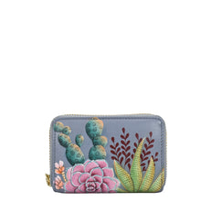 Load image into Gallery viewer, Anuschka style 1110, handpainted Accordion Style Credit And Business Card Holder. Desert Garden painting in grey color. Featuring all round zip entry to main compartment with Eleven Credit card holders.
