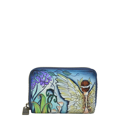 Anuschka style 1110, handpainted Accordion Style Credit And Business Card Holder. Enchanted Garden Painting in blue Color. Featuring all round zip entry to main compartment with Eleven Credit card holders.