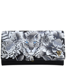 Load image into Gallery viewer, Anuschka style 1112, handpainted leather accordion flap wallet. Cleopatra&#39;s Leopard painting in black, grey and silver color. Featuring RFID blocking and many credit card slots.

