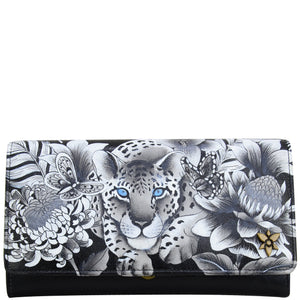 Anuschka style 1112, handpainted leather accordion flap wallet. Cleopatra's Leopard painting in black, grey and silver color. Featuring RFID blocking and many credit card slots.