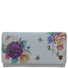 Load image into Gallery viewer, Anuschka style 1112, handpainted Accordion Flap Wallet. Floral Charm painting in grey color. Featuring RFID blocking and many credit card slots.
