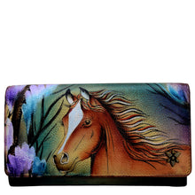 Load image into Gallery viewer, Anuschka style 1112, handpainted leather accordion flap wallet. Free Spirit painting in brown color. Featuring RFID blocking and many credit card slots.
