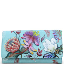 Load image into Gallery viewer, Anuschka style 1112, handpainted leather accordion flap wallet. Jardin Bleu painting in blue color. Featuring RFID blocking and many credit card slots.
