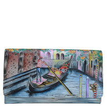 Load image into Gallery viewer, Anuschka style 1112, handpainted leather accordion flap wallet. Venetian Story painting in blue color. Featuring RFID blocking and many credit card slots.
