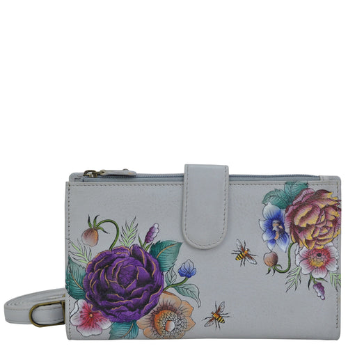 Anuschka style 1113, handpainted Cell Phone Case & Wallet. Floral Charm painting in grey color. Featuring twelve credit card holders, two ID windows, two slip-in multipurpose pockets and one full length bill pocket.