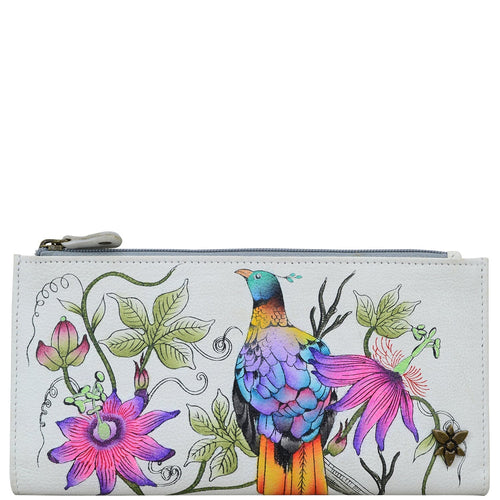 Anuschka style 1171, handpainted Two Fold Wallet.Himalayan Bird painting in White color. Featuring RFID blocking and many credit card slots.