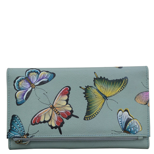 Anuschka style 1136, Handpainted Three Fold Clutch. Butterfly Heaven painting in Green or Mint Color. Featuring Snap button entry and many credit card slots.
