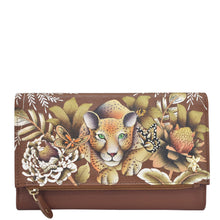 Load image into Gallery viewer, Anuschka style 1136, Handpainted Three Fold Clutch. Cleopatra&#39;s Leopard painting in Tan Color. Featuring Snap button entry and many credit card slots.
