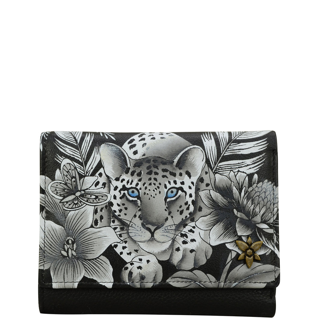 Anuschka style 1138, handpainted Small Flap French Wallet. Cleopatra's Leopard painting in black, grey and silver color.  Featuring RFID blocking and many credit card slots.