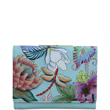 Load image into Gallery viewer, Anuschka style 1138, handpainted Small Flap French Wallet. Jardin Bleu painting in blue color.  Featuring RFID blocking and many credit card slots.
