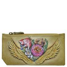 Load image into Gallery viewer, Anuschka style 1140, Handpainted Card Case with Coin Pouch, Angel Wings painting in tan color.  Featuring RFID blocking and many credit card slots.

