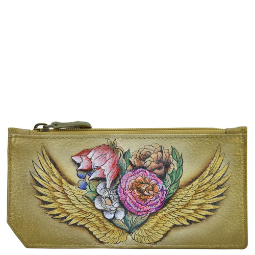 Anuschka style 1140, Handpainted Card Case with Coin Pouch, Angel Wings painting in tan color.  Featuring RFID blocking and many credit card slots.