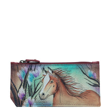 Load image into Gallery viewer, Anuschka style 1140, handpainted Card Case with Coin Pouch. Free Spirit painting in brown color. Featuring RFID blocking and many credit card slots.

