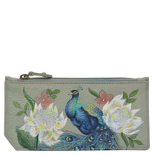 Load image into Gallery viewer, Anuschka style 1140, handpainted Card Case with Coin Pouch. Regal Peacock painting in grey color. Featuring RFID blocking and many credit card slots.
