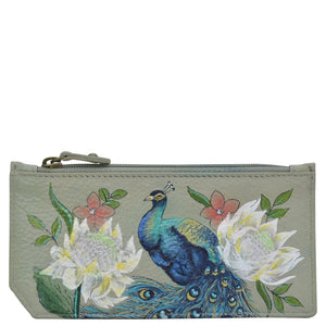 Anuschka style 1140, handpainted Card Case with Coin Pouch. Regal Peacock painting in grey color. Featuring RFID blocking and many credit card slots.