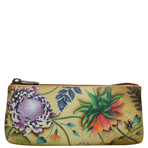 Anuschka style 1145, handpainted Cosmetic Case. Caribbean Garden Painting in tan Color.Featuring Top zip closure.