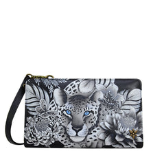 Load image into Gallery viewer, Anuschka style 1149, handpainted Organizer Wallet Crossbody. Cleopatra&#39;s Leopard painting in black, grey and silver color. Featuring six RFID blocking.
