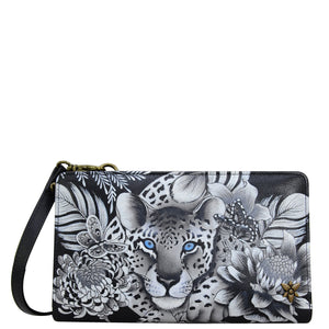 Anuschka style 1149, handpainted Organizer Wallet Crossbody. Cleopatra's Leopard painting in black, grey and silver color. Featuring six RFID blocking.