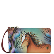 Load image into Gallery viewer, Anuschka style 1149, handpainted Organizer Wallet Crossbody. Free Spirit painting in brown color. Featuring six RFID blocking.
