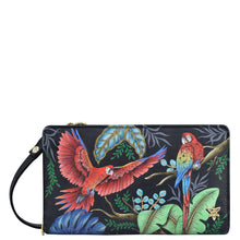 Load image into Gallery viewer, Anuschka style 1149, handpainted Organizer Wallet Crossbody. Rainforest Beauties painting in Black color. Featuring six RFID blocking.

