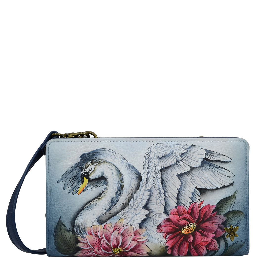 Anuschka style 1149, handpainted Organizer Wallet Crossbody. Swan Song painting in grey color. Featuring six RFID blocking.