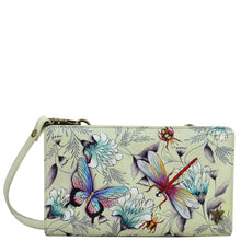 Load image into Gallery viewer, Anuschka style 1149, handpainted Organizer Wallet Crossbody. Wondrous Wings painting in green/mint color. Featuring six RFID blocking.
