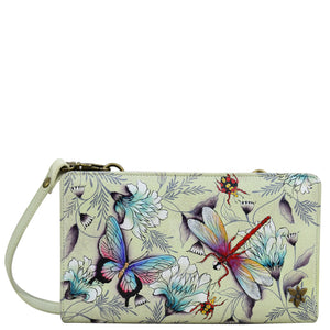 Anuschka style 1149, handpainted Organizer Wallet Crossbody. Wondrous Wings painting in green/mint color. Featuring six RFID blocking.
