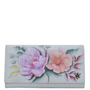 Anuschka style 1150, Three Fold Wallet. Bel Fiori painting in grey color. Featuring RFID blocking and many credit card slots.